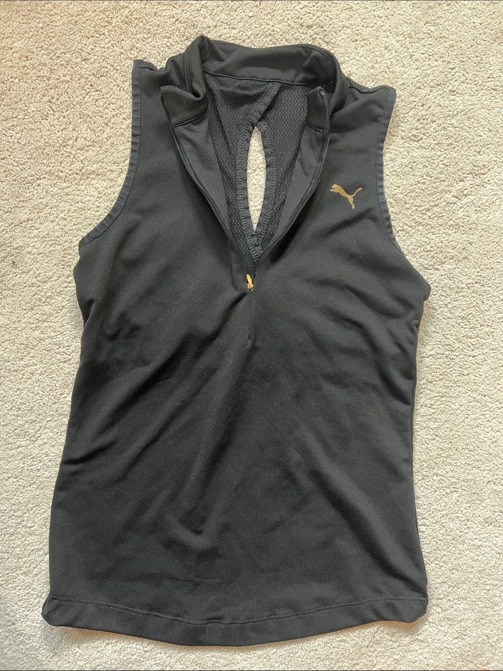 Puma Black Athletic Sleeveless Zip Tank with Gold Puma Logo